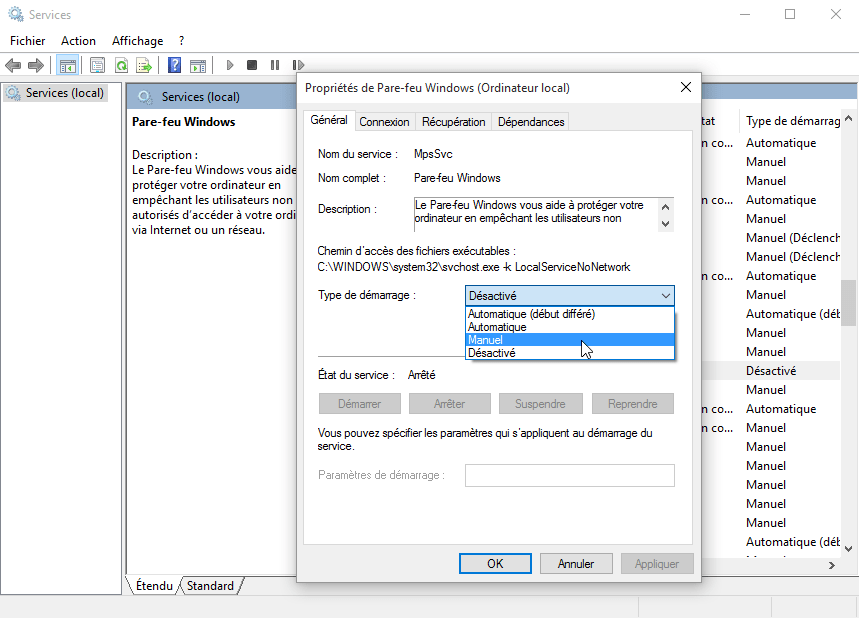 probleme-impossible-utiliser-barre-des-taches-et-menu-demarrer-bloques-sur-windows-10-service-pare-feu-windows-demarrage-manuel