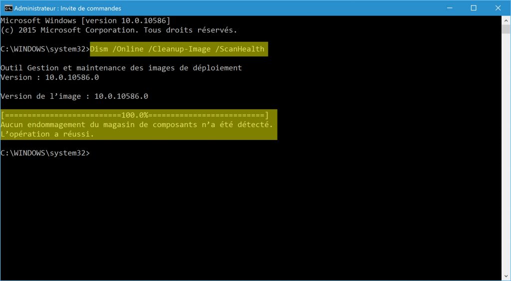 reparer-image-de-windows-10-dism-online-cleanup-image-scanhealth-aucun-endommagement-magasin-detecte