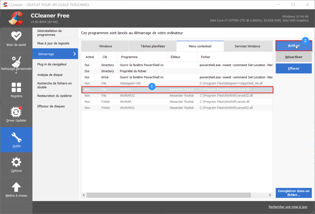menu contextuel 13 - sélectionner et activer fonctionnalités ccleaner