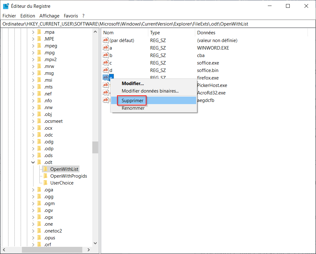 supprimer application menu ouvrir avec - 09 supprimer la valeur choisie