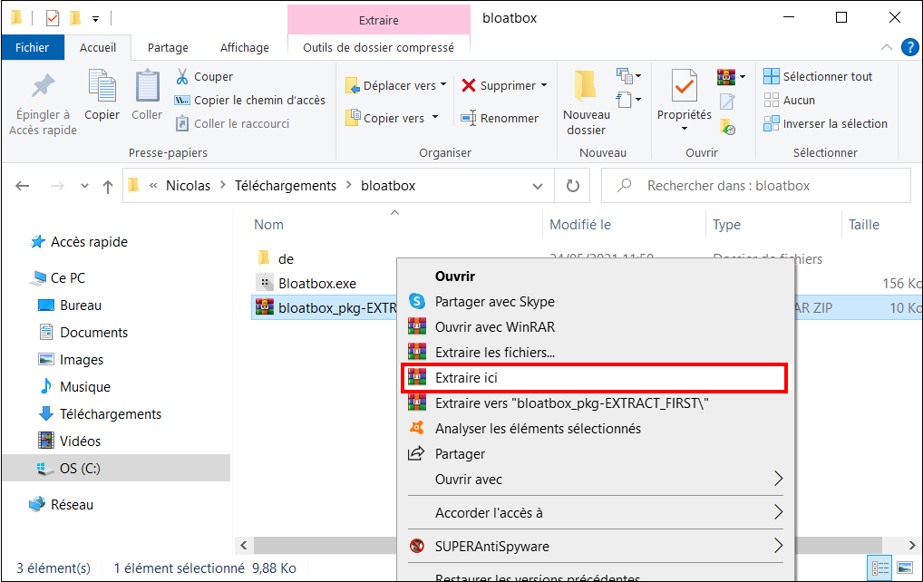 Extraire les fichiers de l'archive ici
