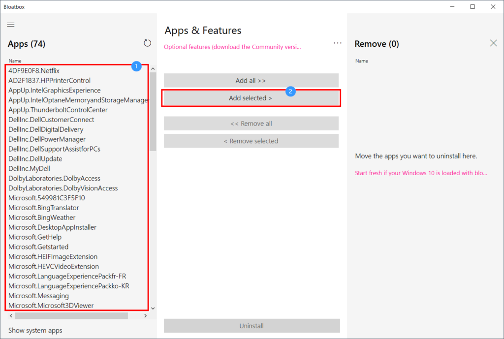 Bloatbox, liste des applications