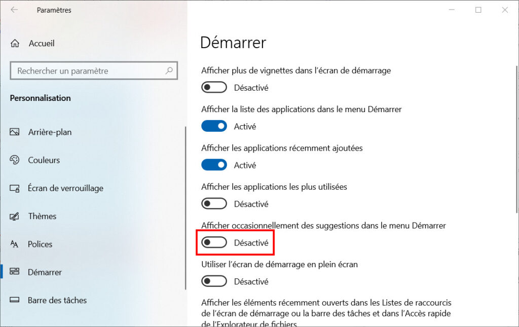 Pour supprimer les pubs dans le menu Démarrer : Paramètres > Personnalisation > Démarrer > Désactiver les suggestions