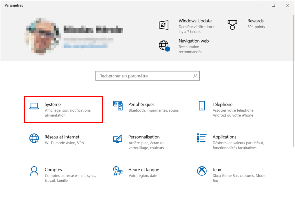 Configurer mise en veille Windows 10, aller dans Paramètres puis Système