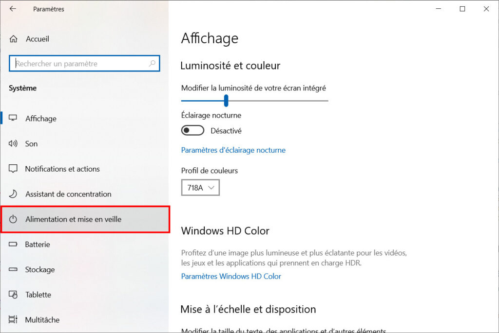Configurer mise en veille Windows 10, entrer dans Alimentation et Mise en veille