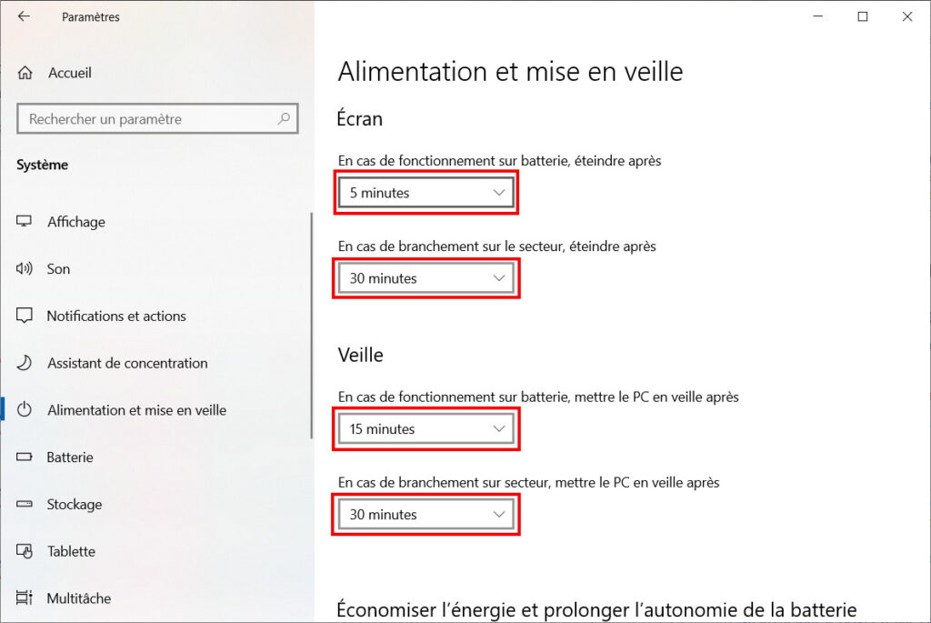Ajuster les paramètres de mise en veille Windows 10