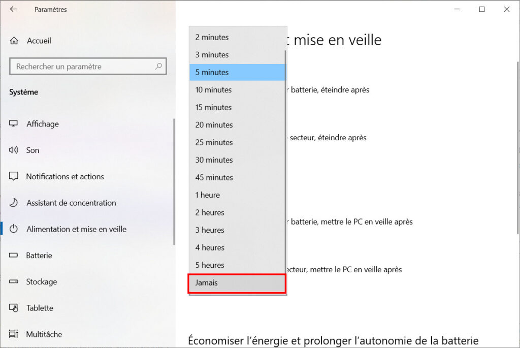 Désactiver la mise en veille et l'arrêt de l'écran