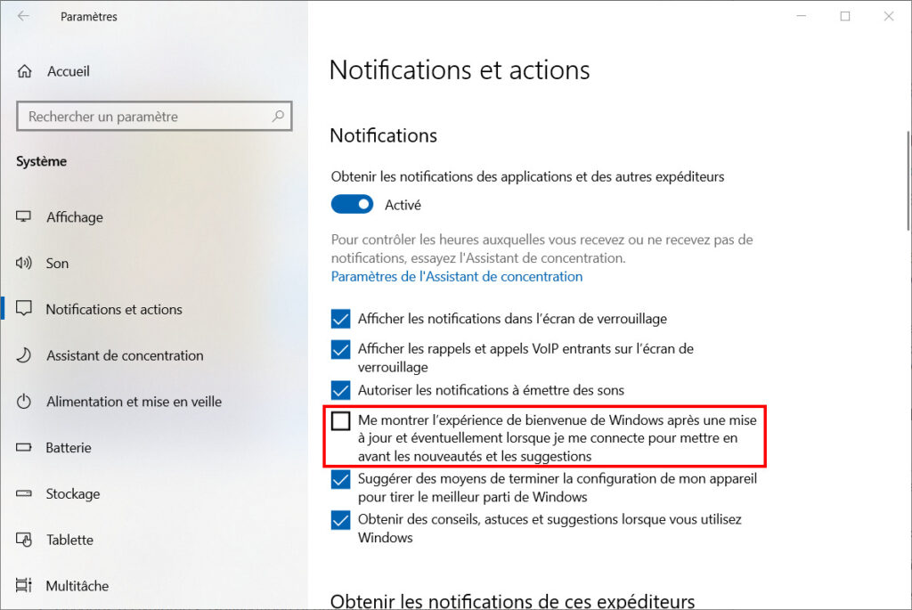 Décocher "Me montrer l'expérience de bienvenue Windows"