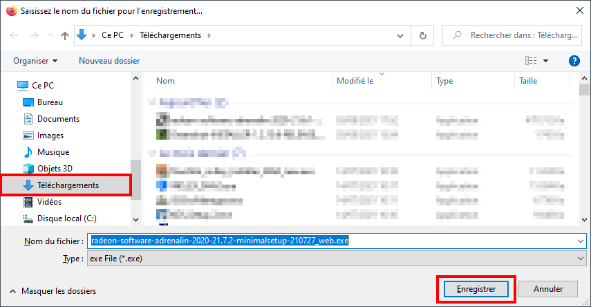 Mise à jour pilotes AMD, choisir emplacement de téléchargement
