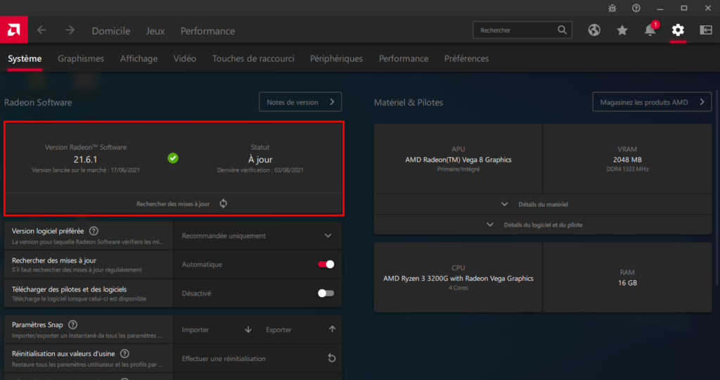 vérification des mises à jour pilotes AMD dans Radeon Software