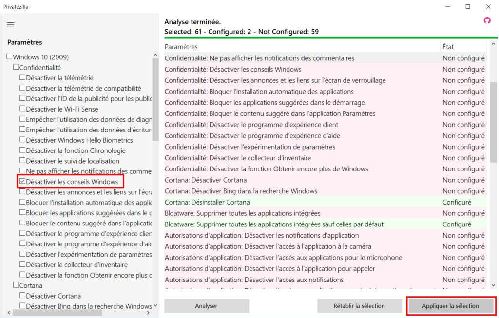Modifier un paramètre dans Privatezilla, sélectionner et appliquer