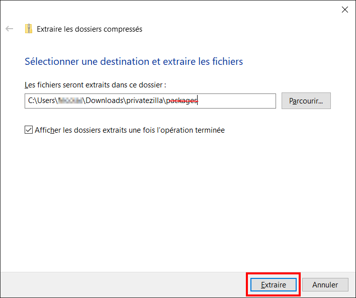 Modifier l'adresse cible pour décompresser les fichiers