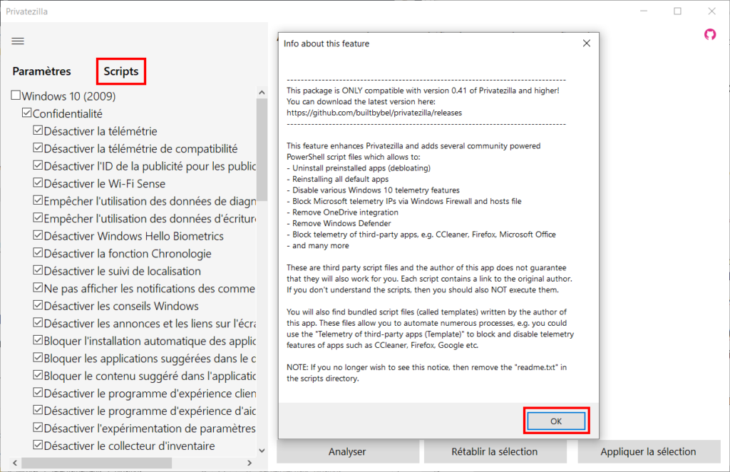 Privatezilla, cliquer sur Scripts et OK
