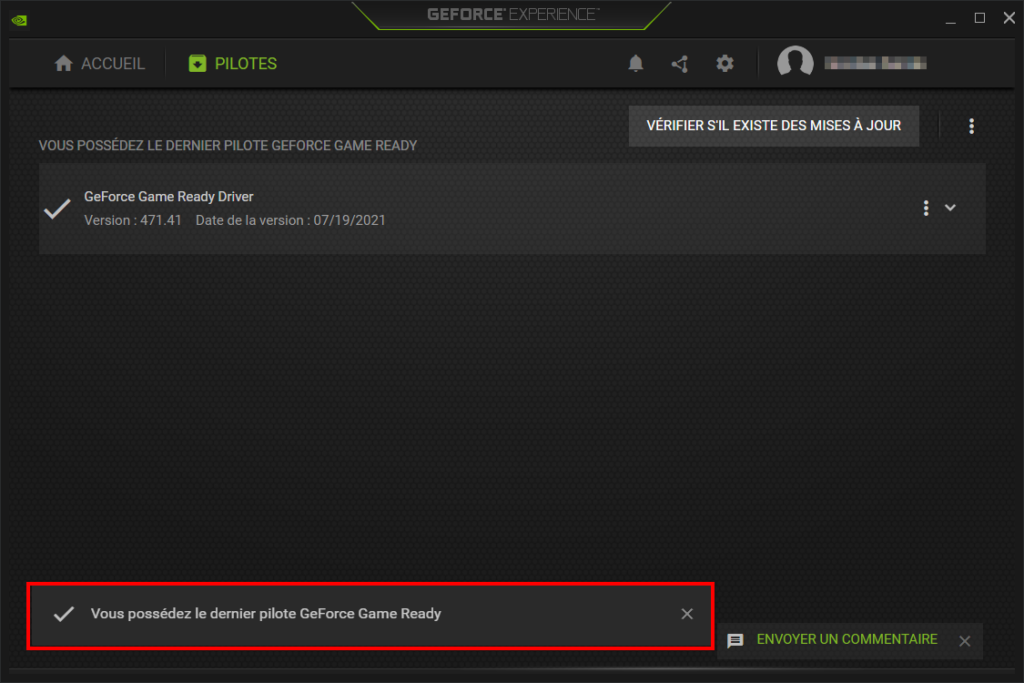 Message indiquant que les pilotes NVIDIA sont à jour