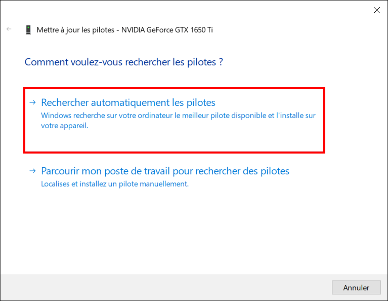 Rechercher automatiquement les pilotes pour la carte graphique NVIDIA