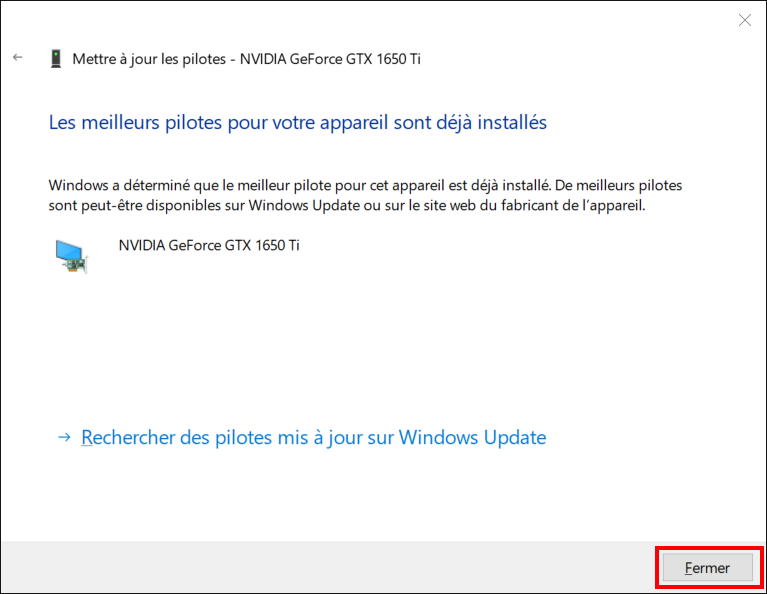 Message Windows : tous les pilotes sont à jour