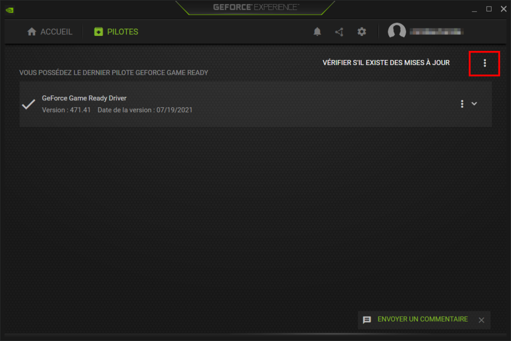 GeForce Experience, cliquer sur les trois petits points