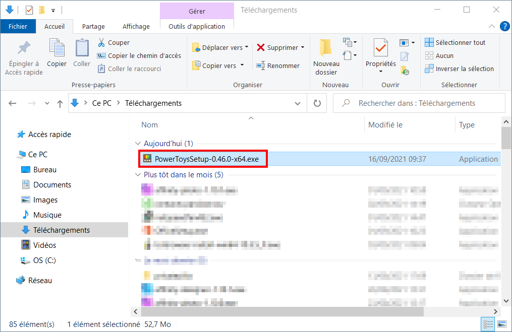 Installer PowerToys - ouvrir le fichier d'installation