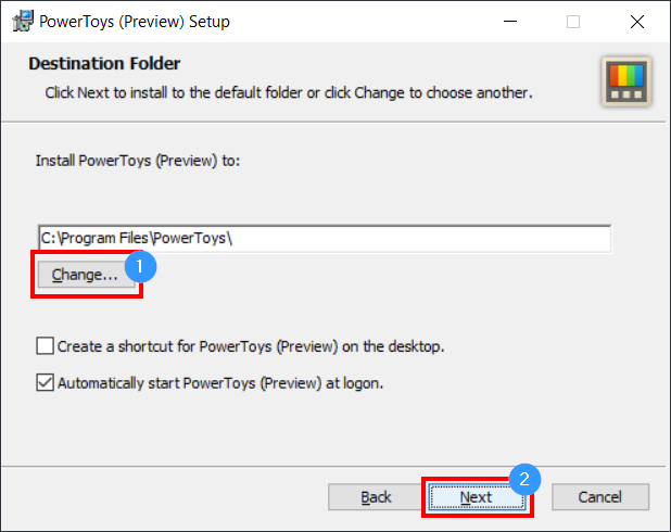 Installer PowerToys, choisir l'emplacement et cliquer sur next