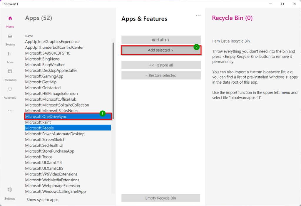 ThisIsWin11 sélectionner les applications inutiles à supprimer