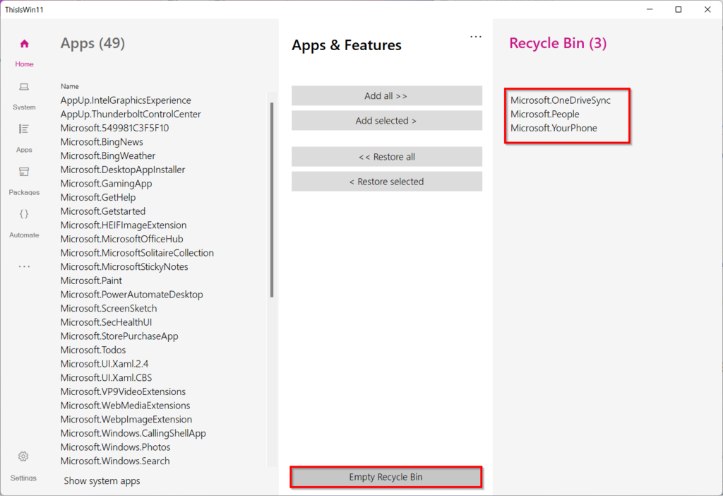 ThisIsWin11 cliquer sur empty recycle bin