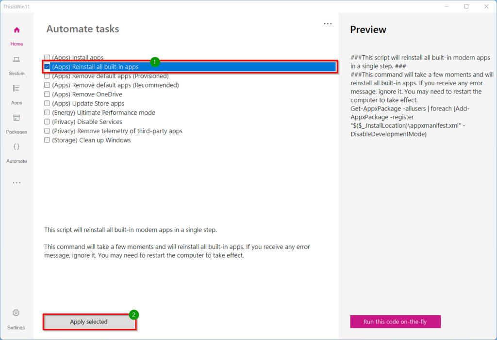 ThisIsWin11 sélectionner réinstaller les apps
