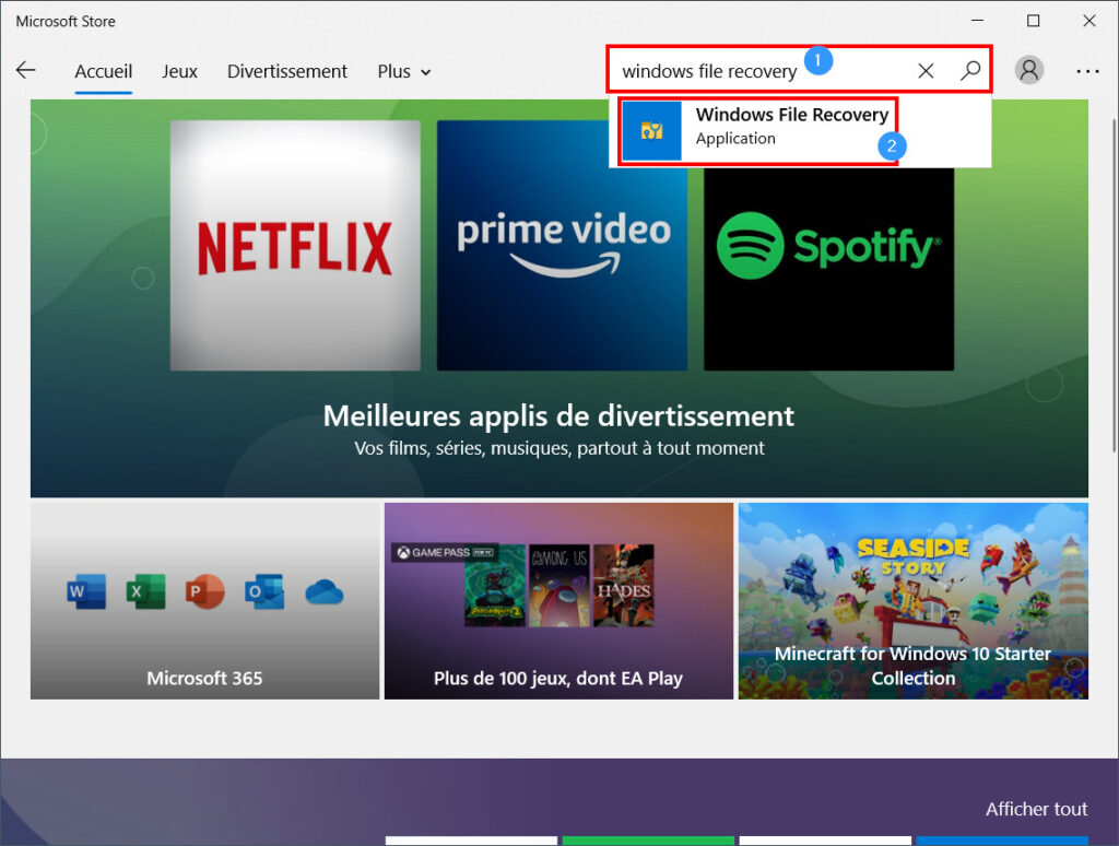 Rechercher Windows File Recovery dans Microsoft Store