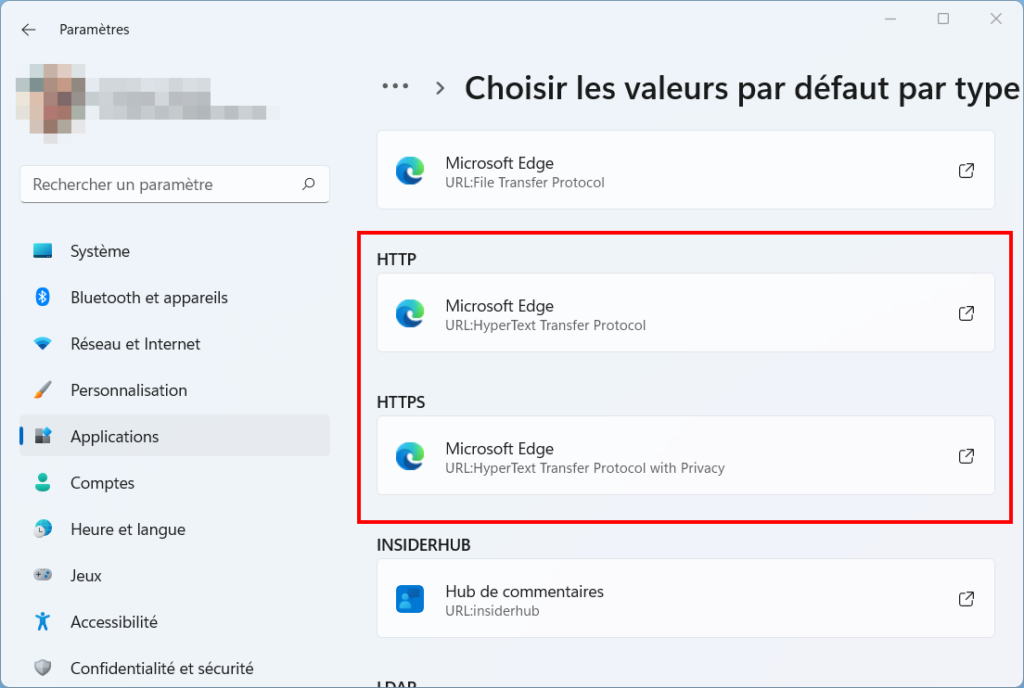 Windows 11 changer le navigateur par défaut - aller à HTTP et HTTPS