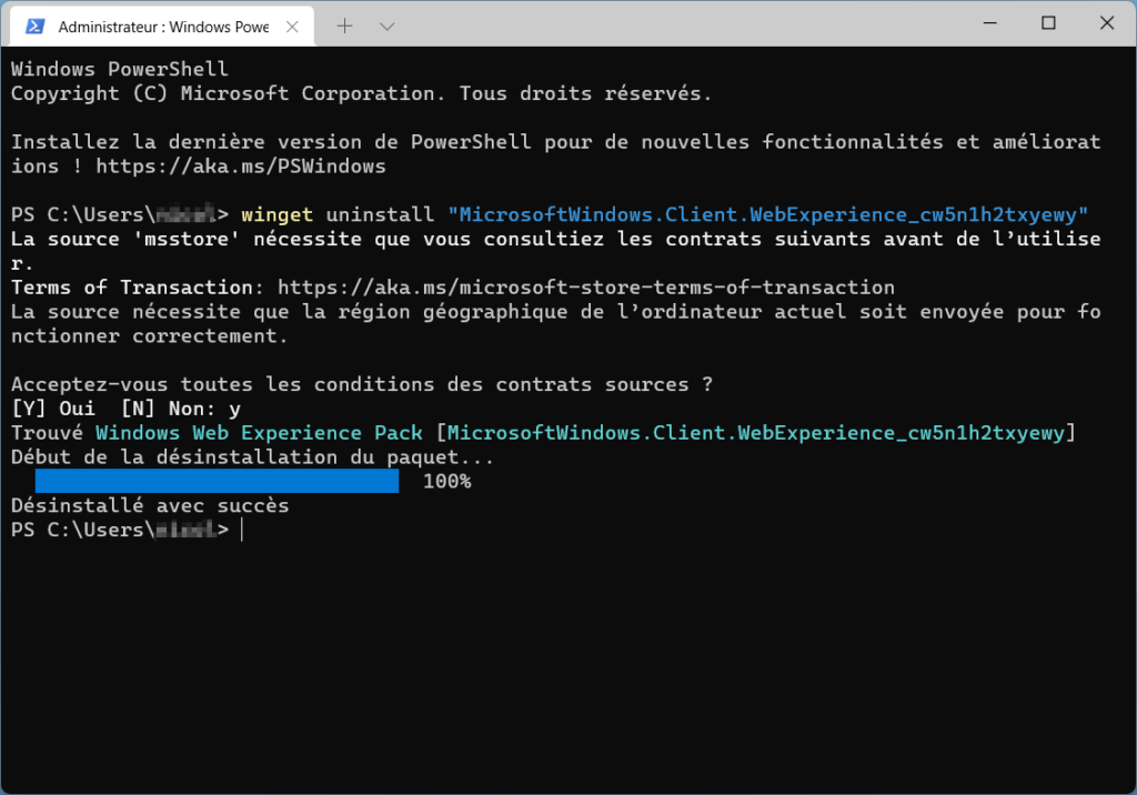 Widgets Windows 11 désinstallation effectuée