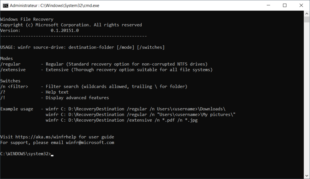 Windows File Recovery - commande shell