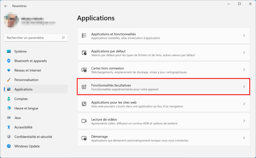 TPM Diagnostic Tool Windows 11 - entrer dans fonctionnalités facultatives