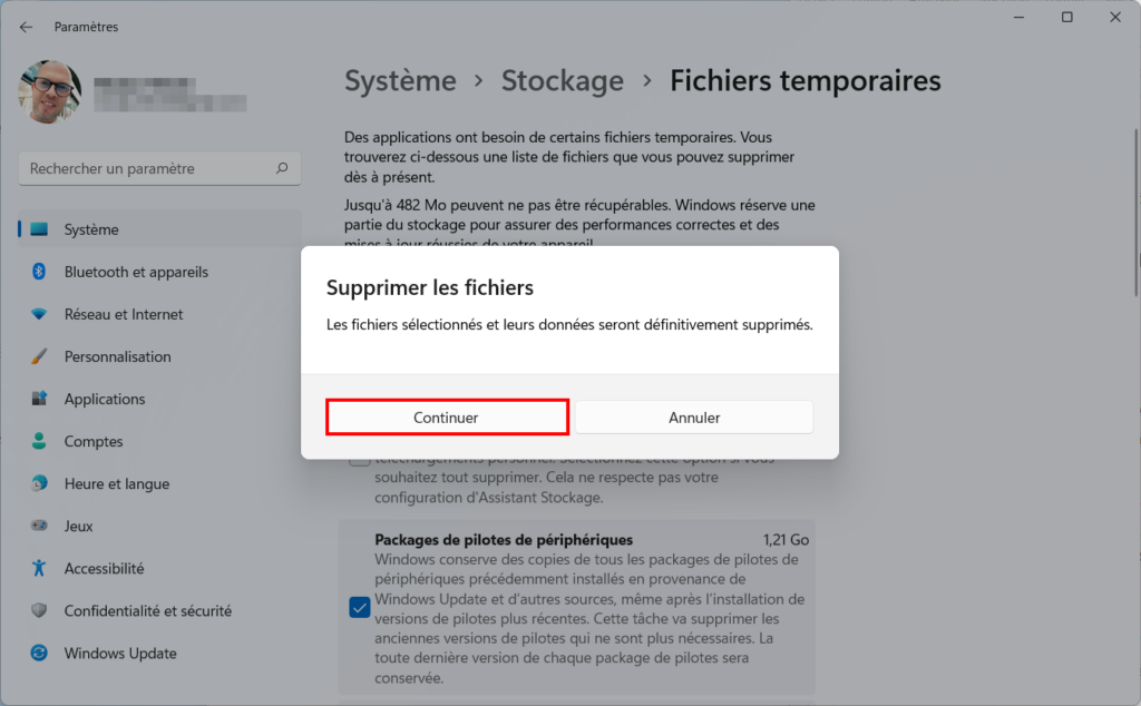 Supprimer fichiers temporaires Win 11 - valider la suppression