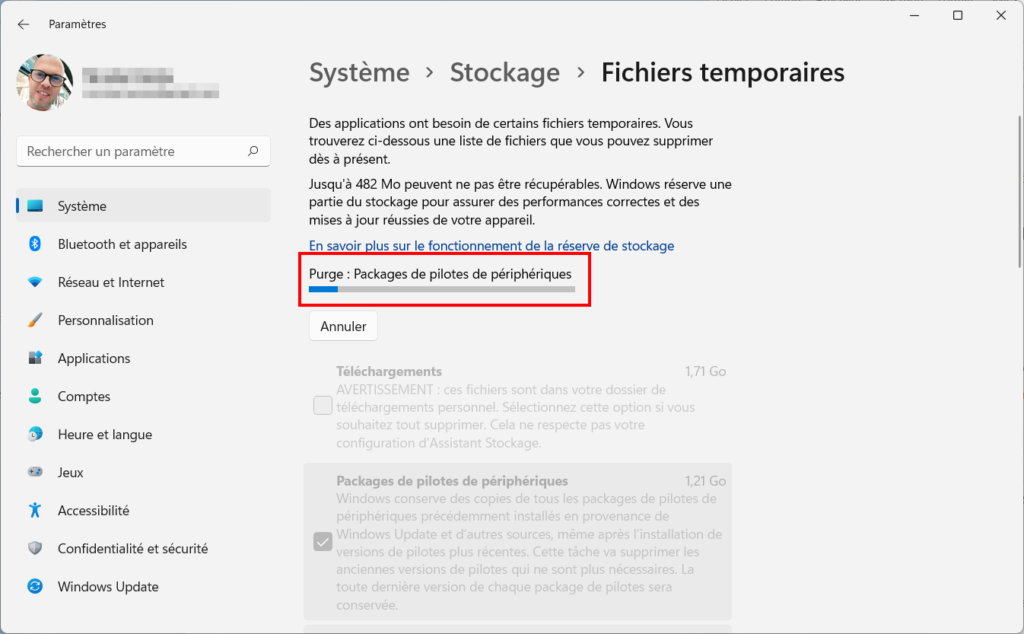 Supprimer fichiers temporaires Win 11 - suivi de la purge