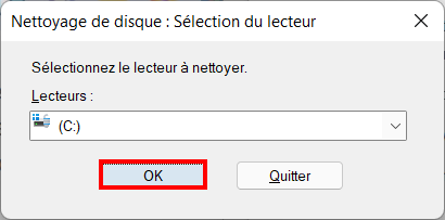 Supprimer fichiers temporaires Win 11 - sélectionner disque