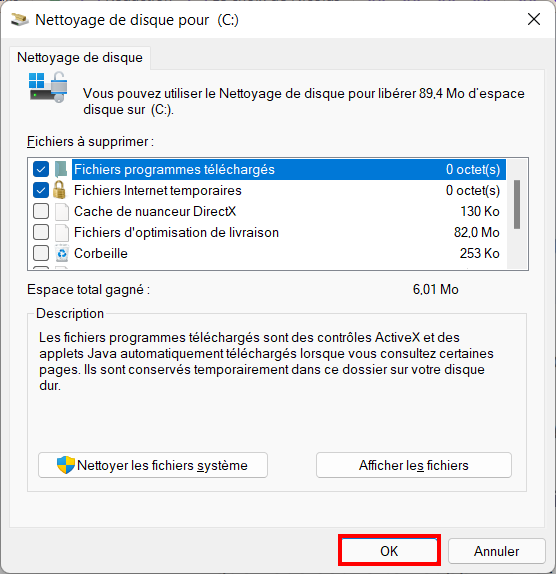 Supprimer fichiers temporaires Win 11 - sélectionner et ok