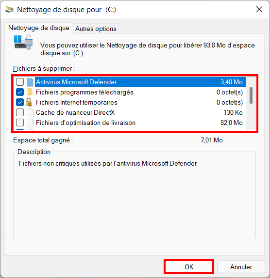 Supprimer fichiers temporaires Win 11 - sélectionner et ok