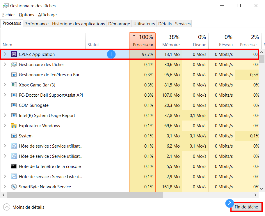 consommation cpu windows - fin de tâche d'une application
