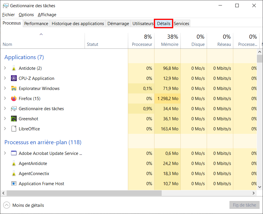 consommation cpu windows - gestionnaire des tâches et détail