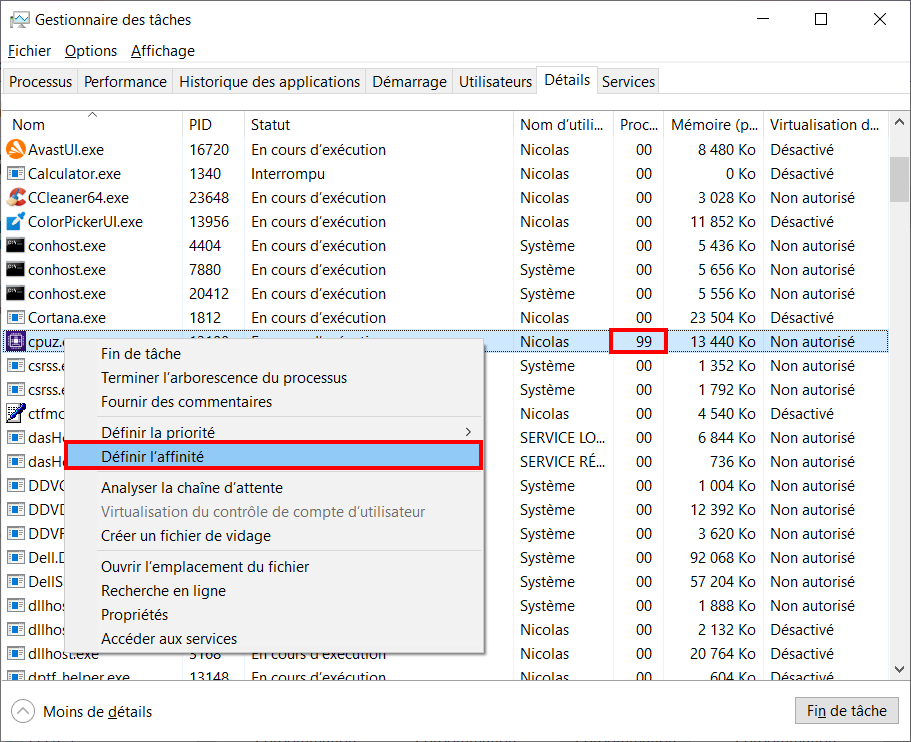 consommation cpu windows - choisir l'application fautive et clic droit