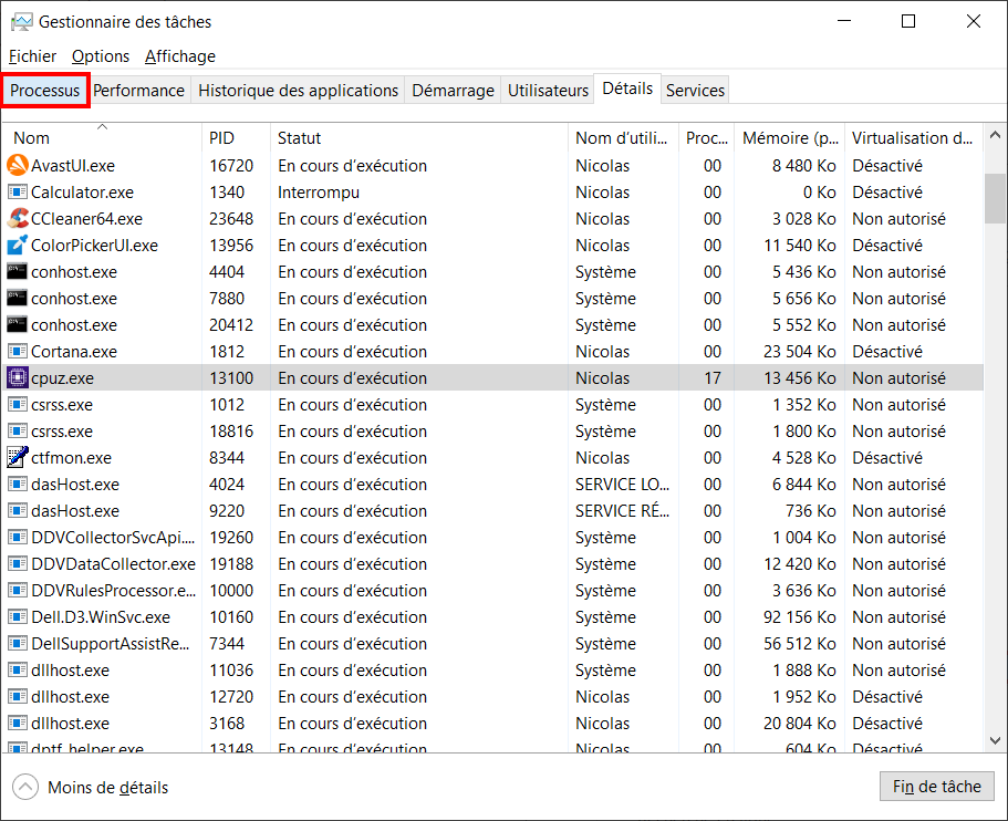 consommation cpu windows - aller dans processus