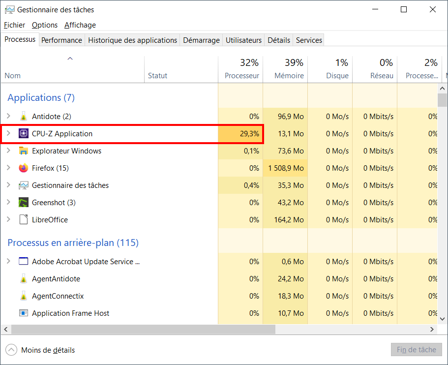 consommation cpu windows - consommation réduite de l'application