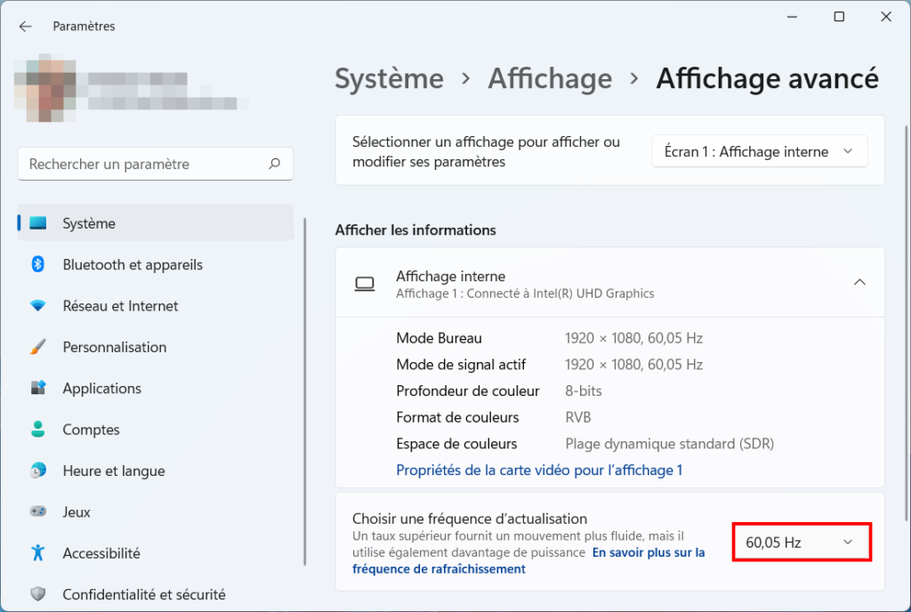Windows 11 DRR - Revenir sur 60 Hz