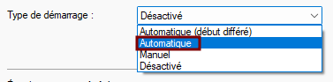 Service réglé sur Automatique dans la fenêtre des propriétés