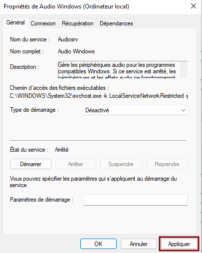 Bouton appliquer pour valider les modifications