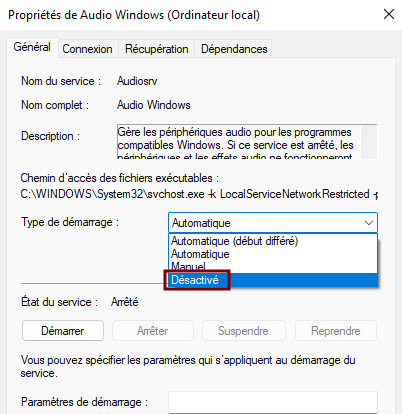 Désactivé service dans la fenêtre des propriétés