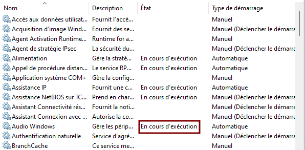 état du service sur la fenêtre des services