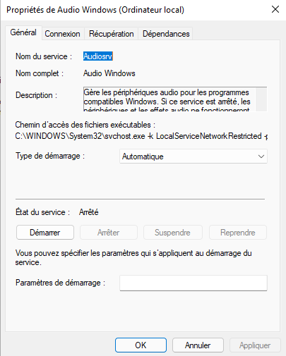 Fenêtre des propriétés du service audio windows