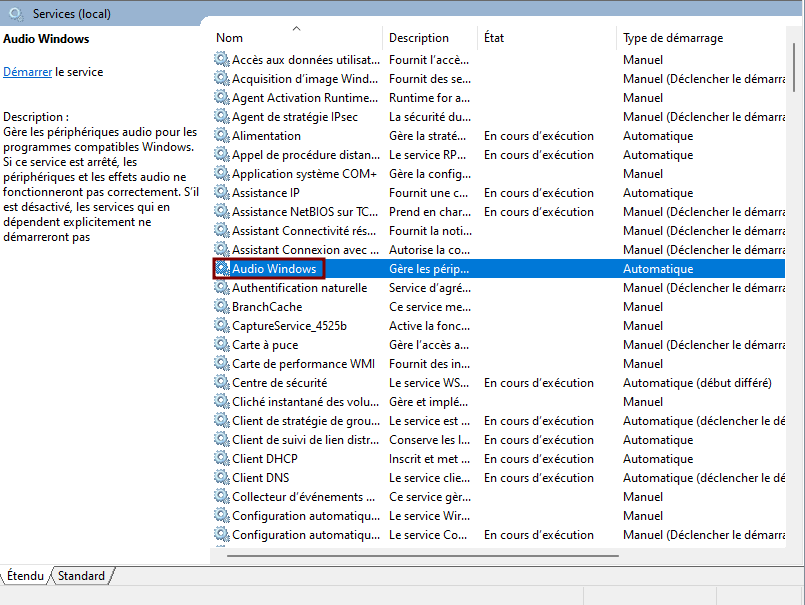 Service Audio Windows dans la fenêtre de services