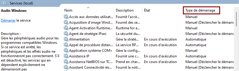 Colonne type de démarrage de la fenêtre services