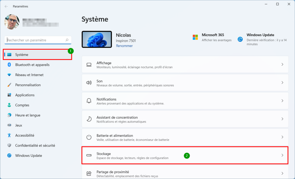 Assistant Stockage Win 11 - paramètres stockage